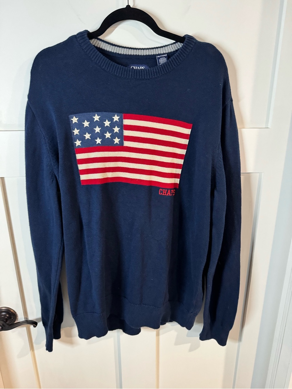 Chaps Navy Crewneck Sweater with Red, White & Blue Flag